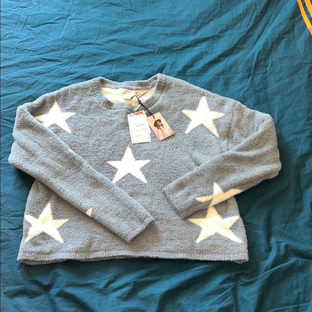 Sincerely Jules light blue or gray and White Star Crew Neck Sweater
